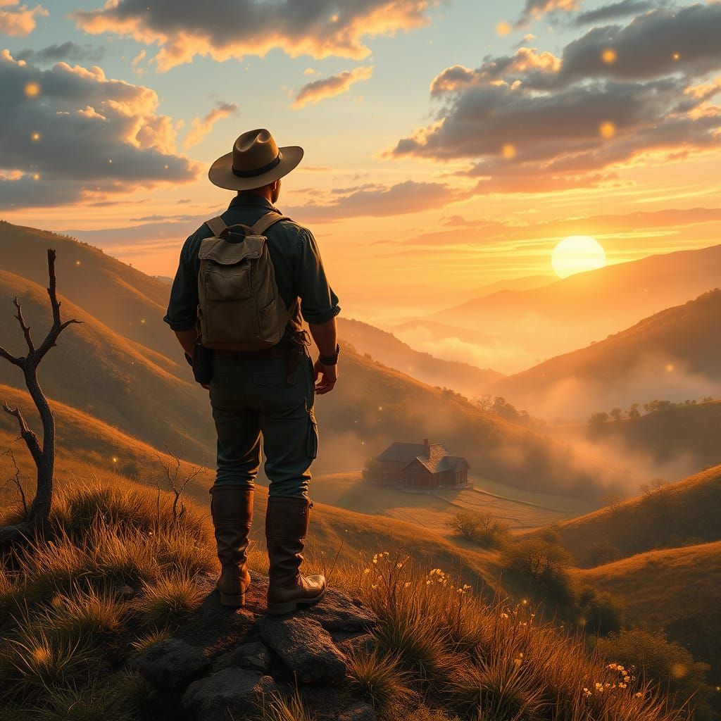 Rustic 19th Century Hiker in Whimsical Sunset Landscape