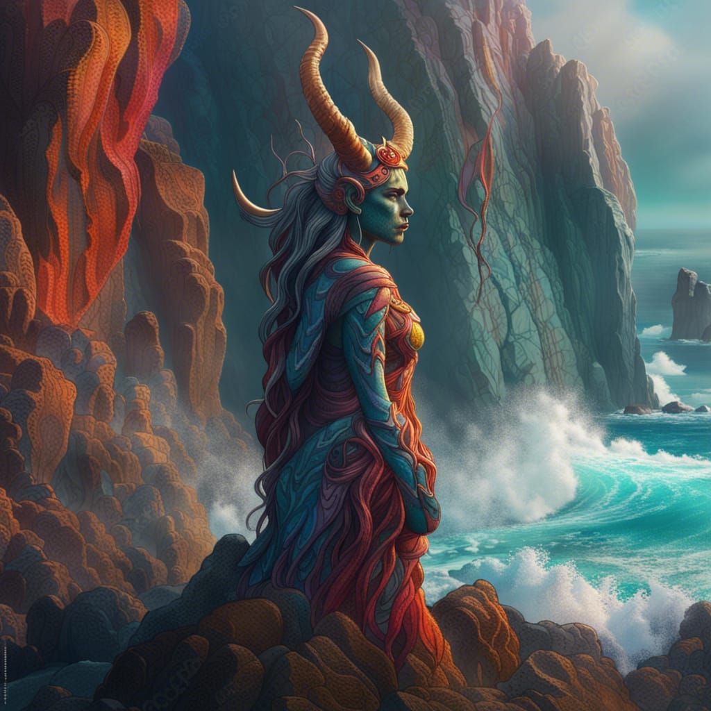 Coastal Cliffside Carving of Horned Giant Woman