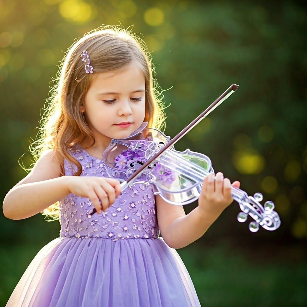 Little Girl Plays Glass Violin in a Vibrant Purple Garden