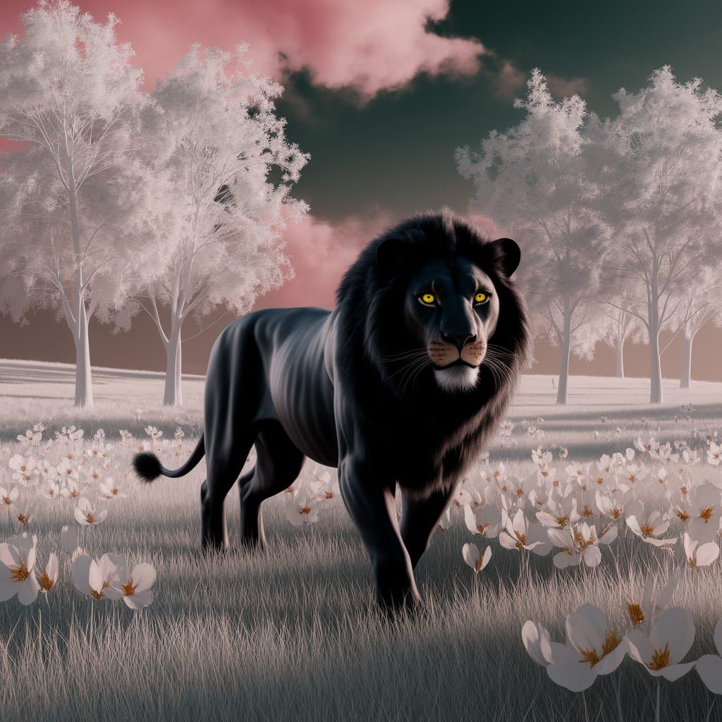 Hyperrealistic Black Lion in a White Meadow