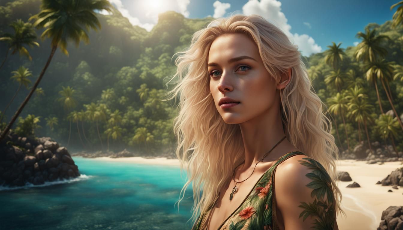 Beautiful Blonde Woman on Tropical Island in 8K