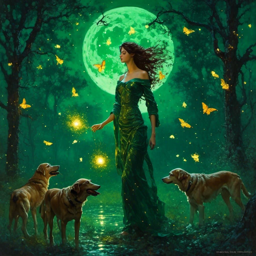 Artemis with Hounds: Impasto Gouache Painting