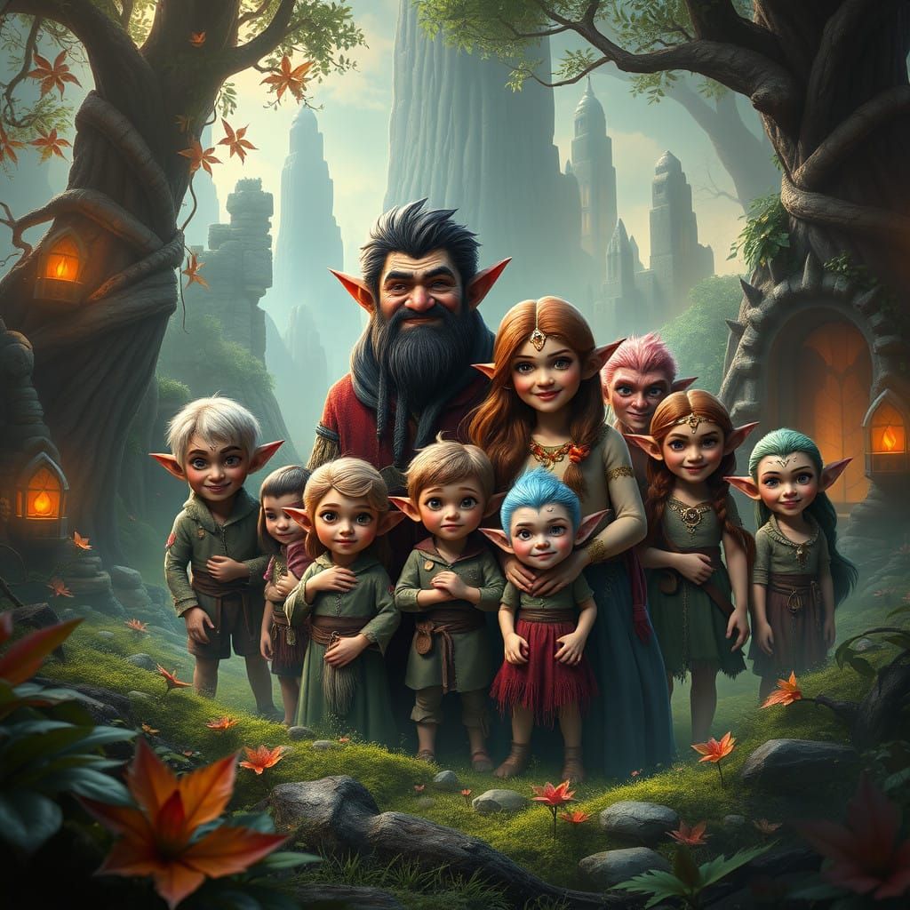 Fantasy Troll Family in Dreamlike Landscape