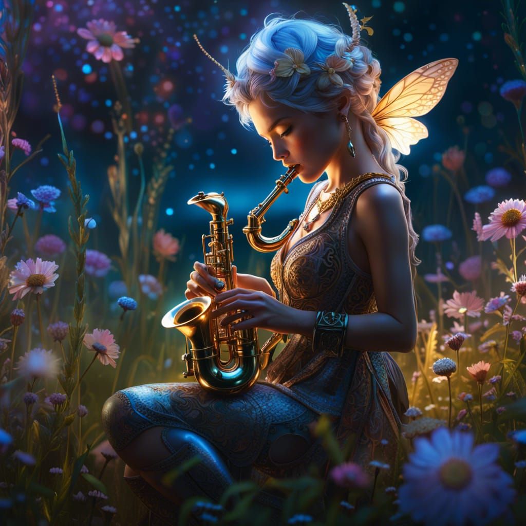 Chibified fairy playing a saxophone in a  meadow, dew drops , Breathtaking Fantasycore Artwork By Android Jones, Jean Ba...