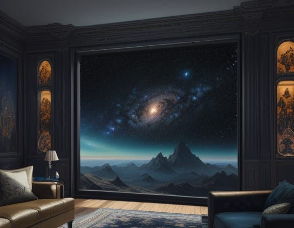 Majestic Cosmic View from a Futuristic Living Room Window