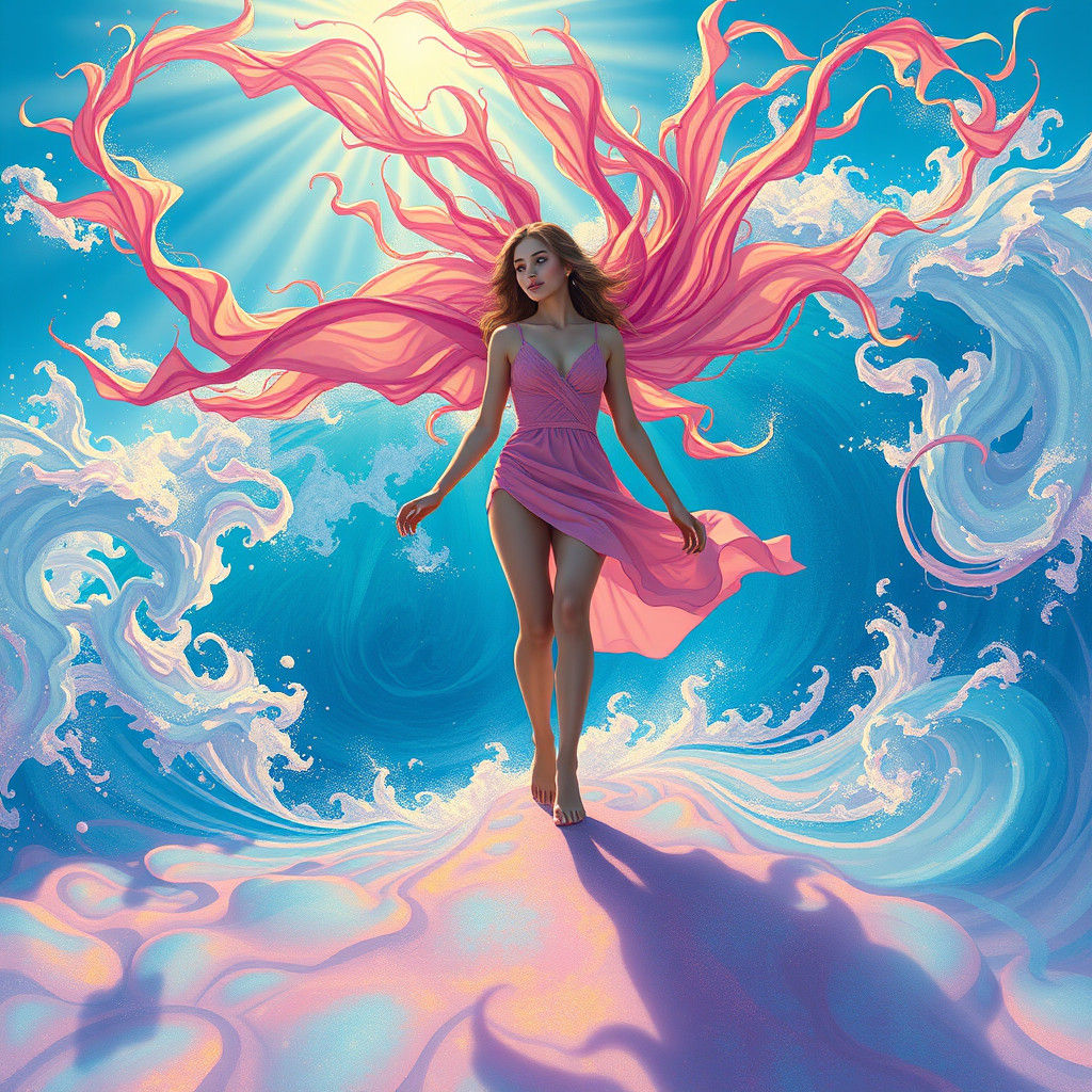 Radiant Figure in Windswept, Dreamlike Landscape