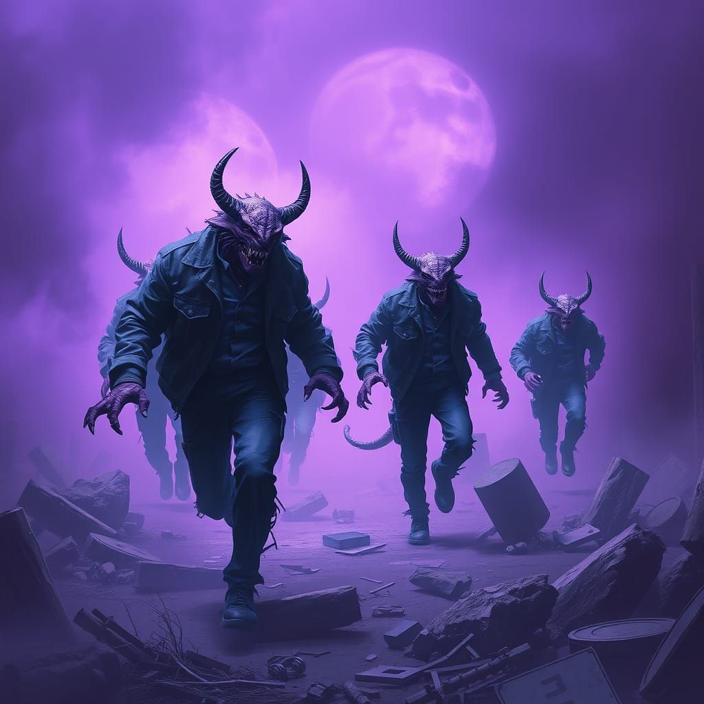 Purple Monsters Escape the Fog in Dark Fantasy Style