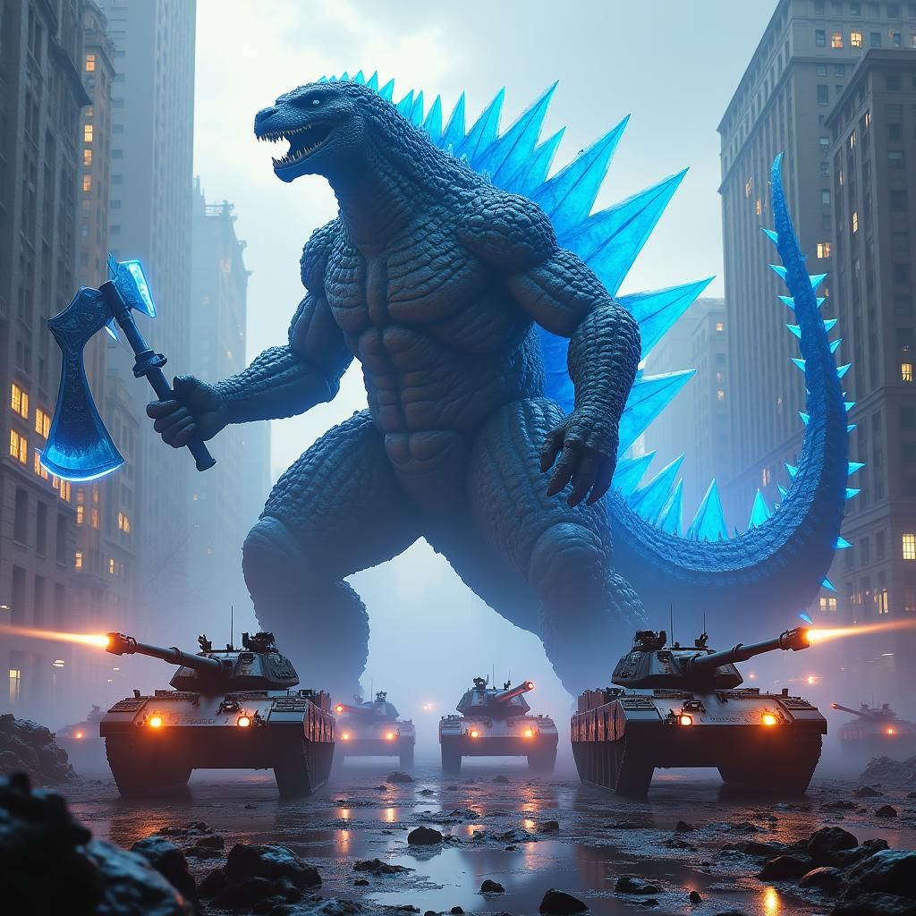 Godzilla Army Clash in Dystopian Cityscape