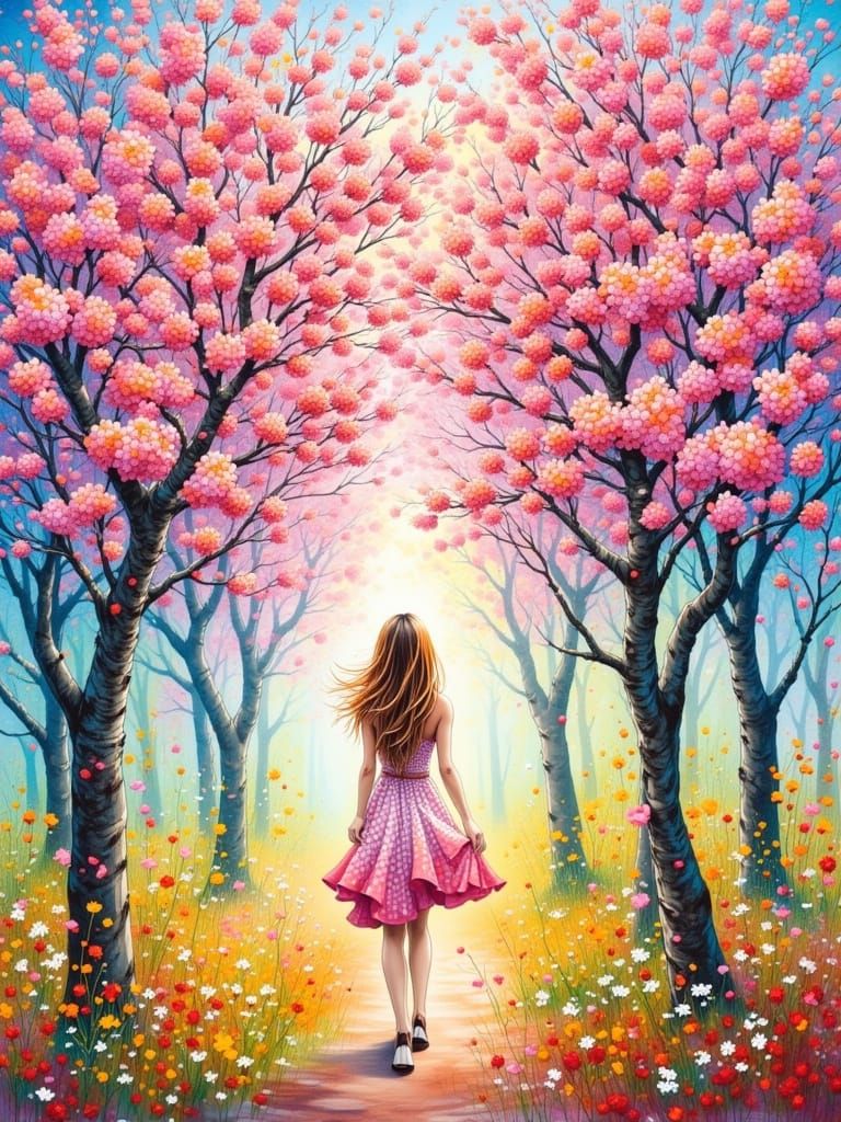 A Girl Walking Beneath Plum Trees
