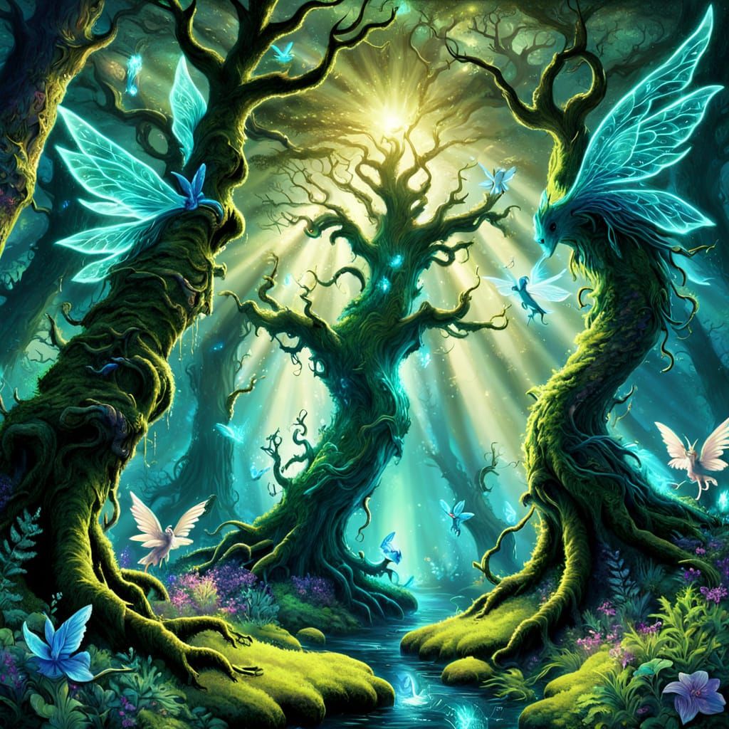 Luminous Forest with Mythical Beasts and Flora
