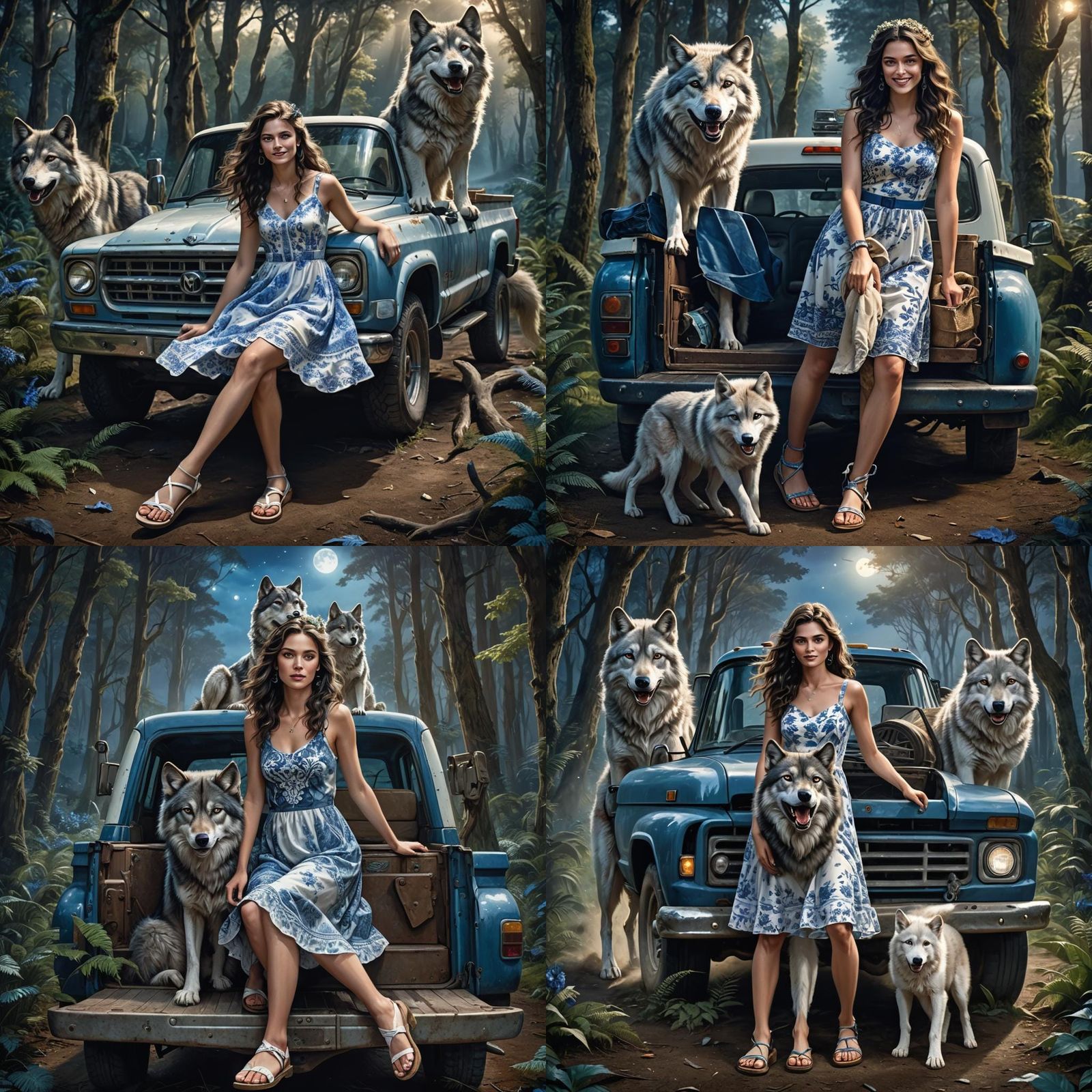 Woman and Wolf in Moonlight Enchanted Forest