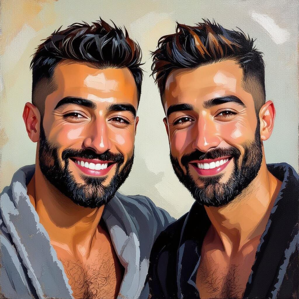 Impasto Oil Portrait of Two Handsome Men in Velvet Robes