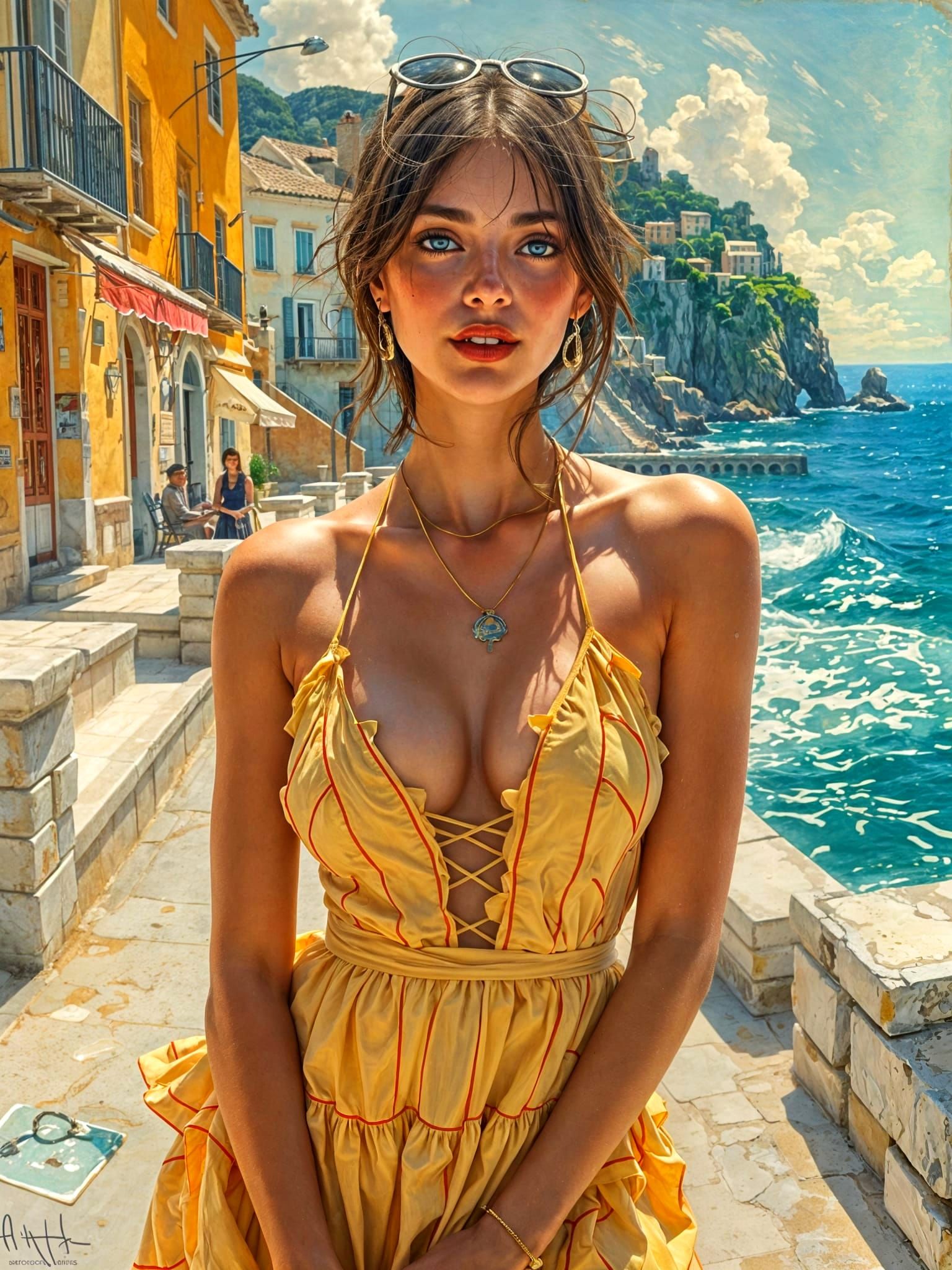 Impressionist Woman in Red Dress in Mediterranean Village