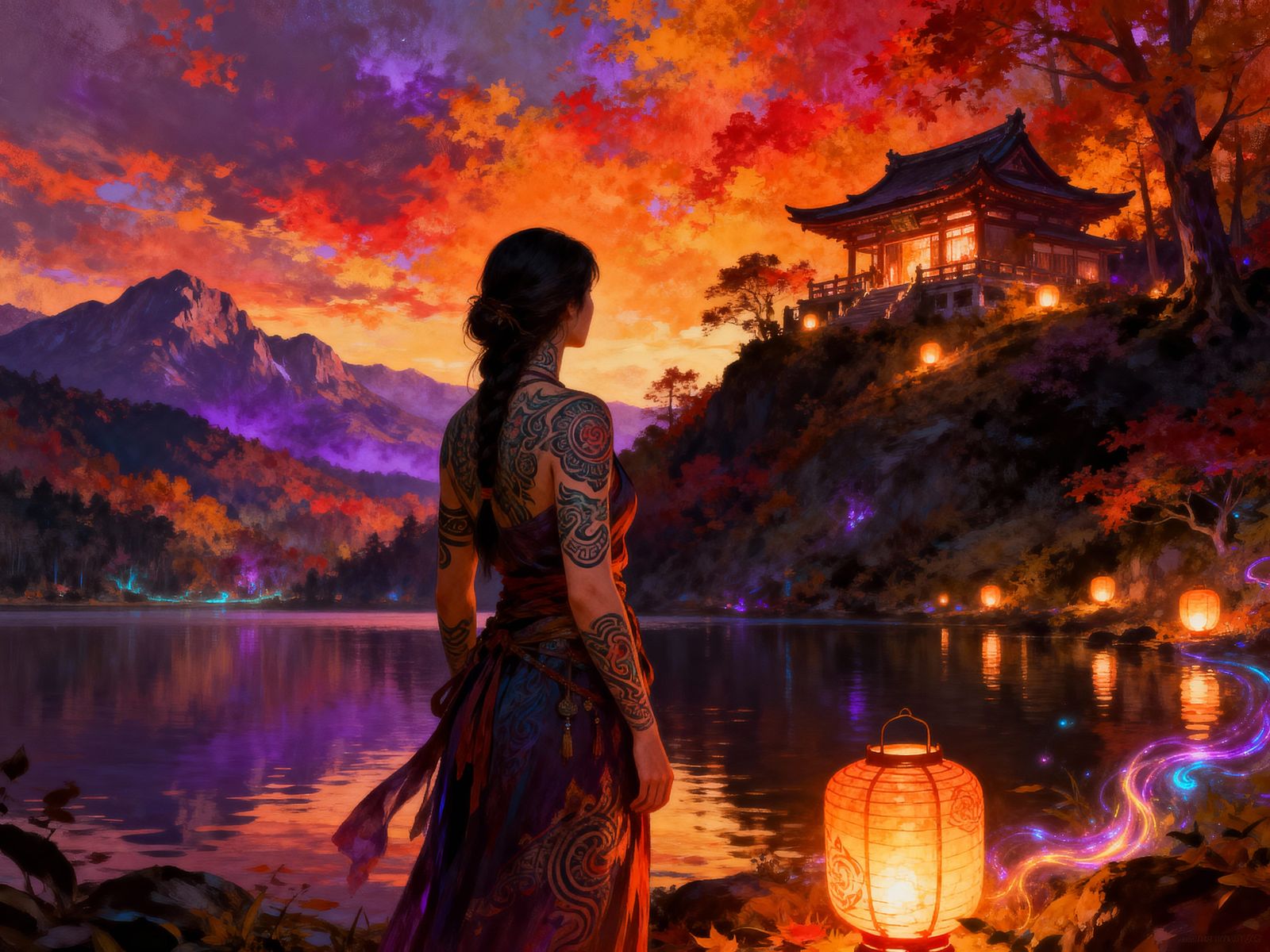 Woman by Lake with Autumn Mountains and Mystical Lanterns