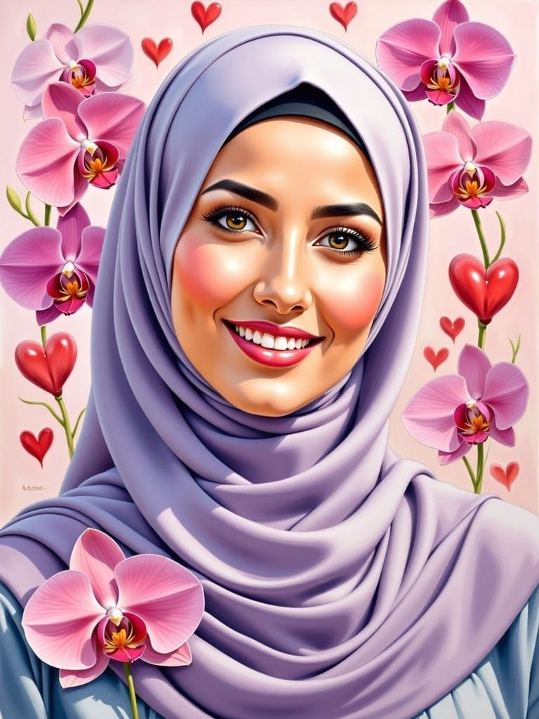 Beautiful Hijabi Woman in Floral Scenery, Color Pencil Drawi...