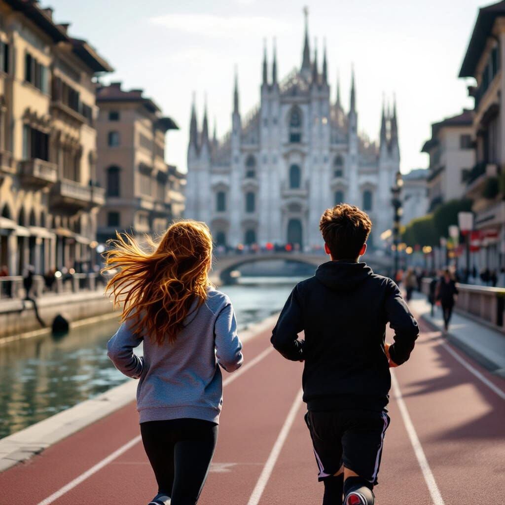 Teenagers Running in Milan with Cathedral View
