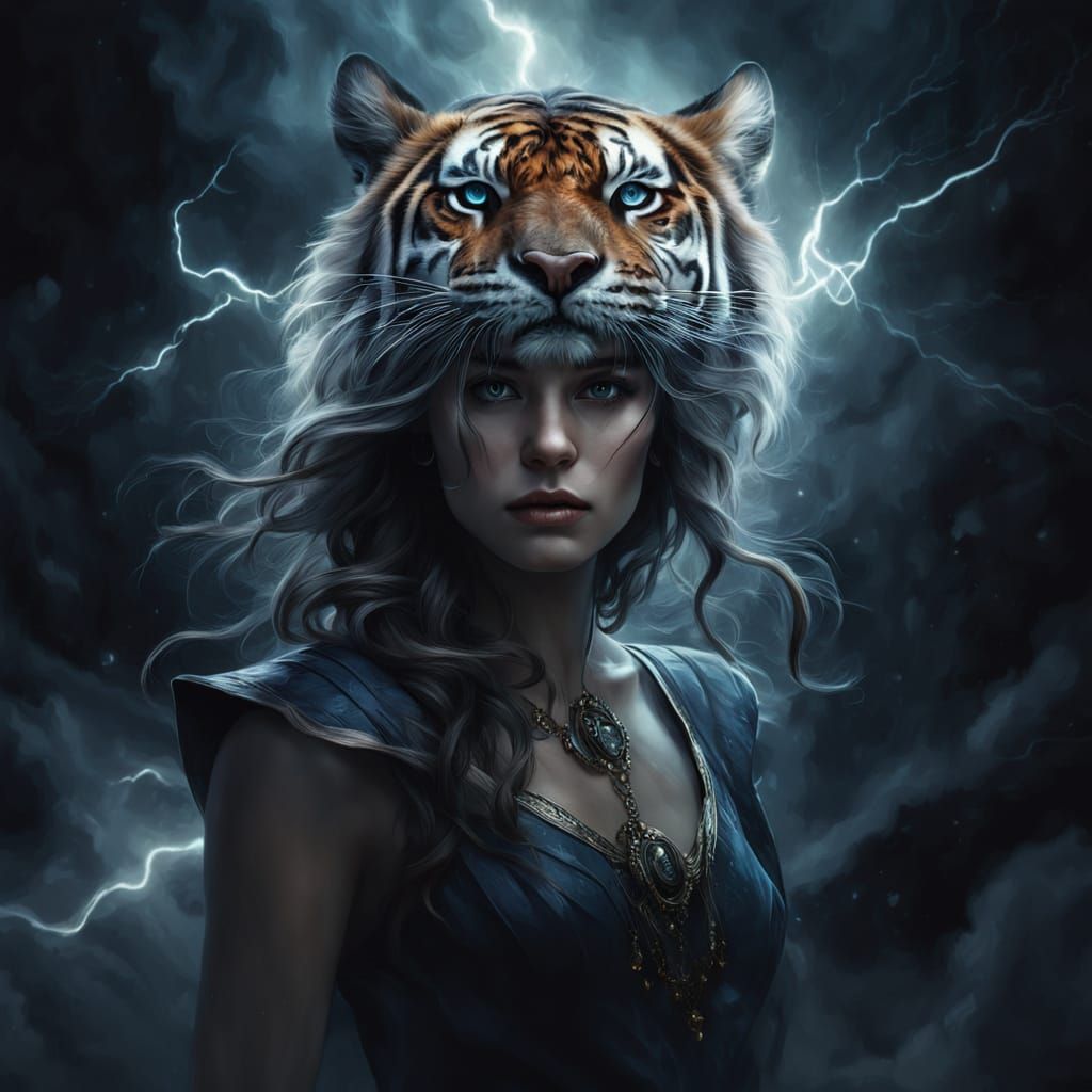 Ethereal Woman Transforms into a Majestic Tiger in a Monochr...