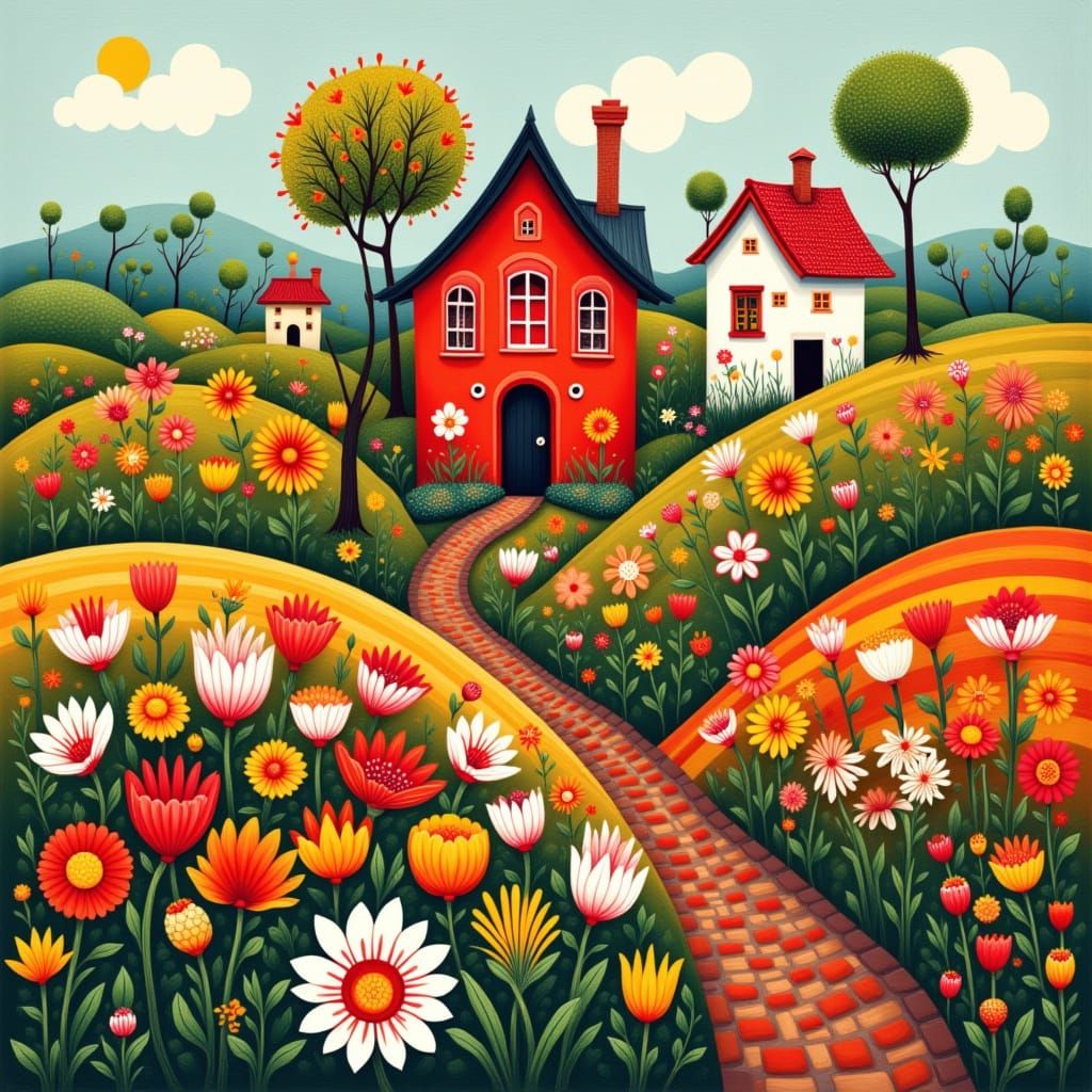 Whimsical Folk Art Houses Amidst Stylized Spring Flowers