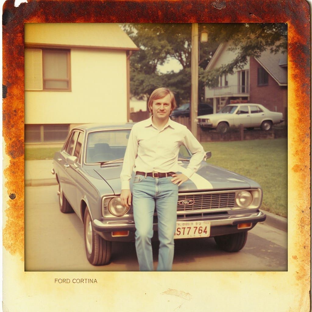 1970s Man and Ford Cortina in Polaroid Style