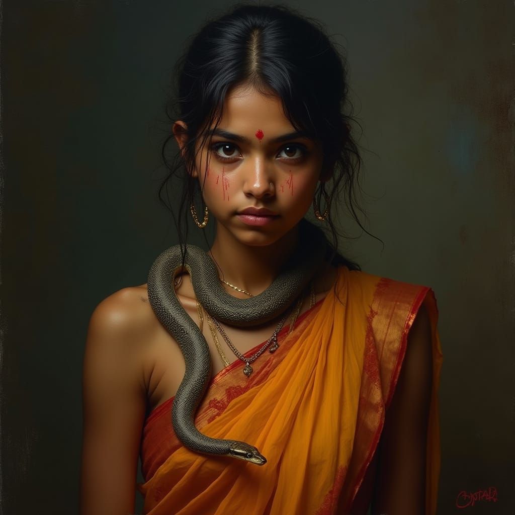 Indian Woman with Snake, in Raja Ravi Varma Style