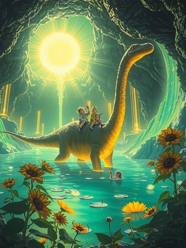 Cosmic Caverns: Bioluminescent Brachiosaurus with Radiant Ri...