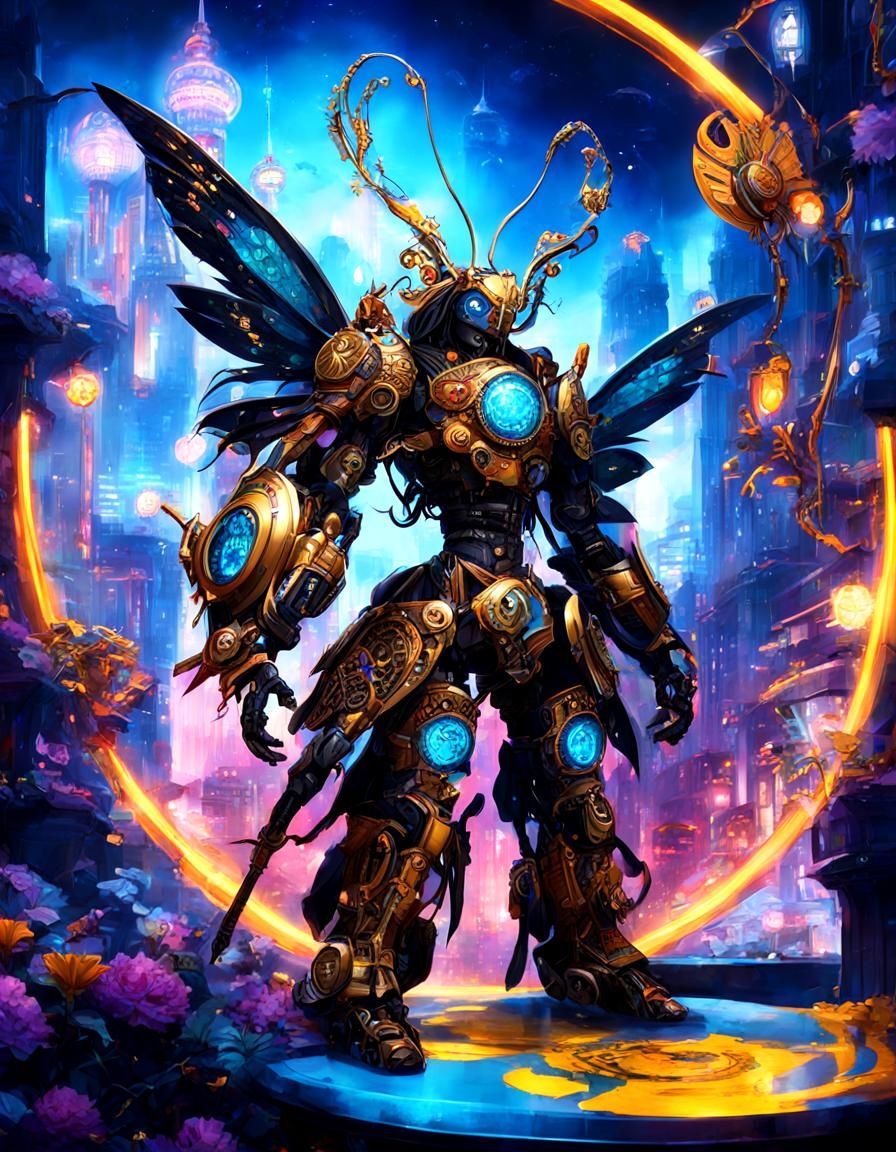 Noble Clockwork Cyborg in Steampunk Cityscape