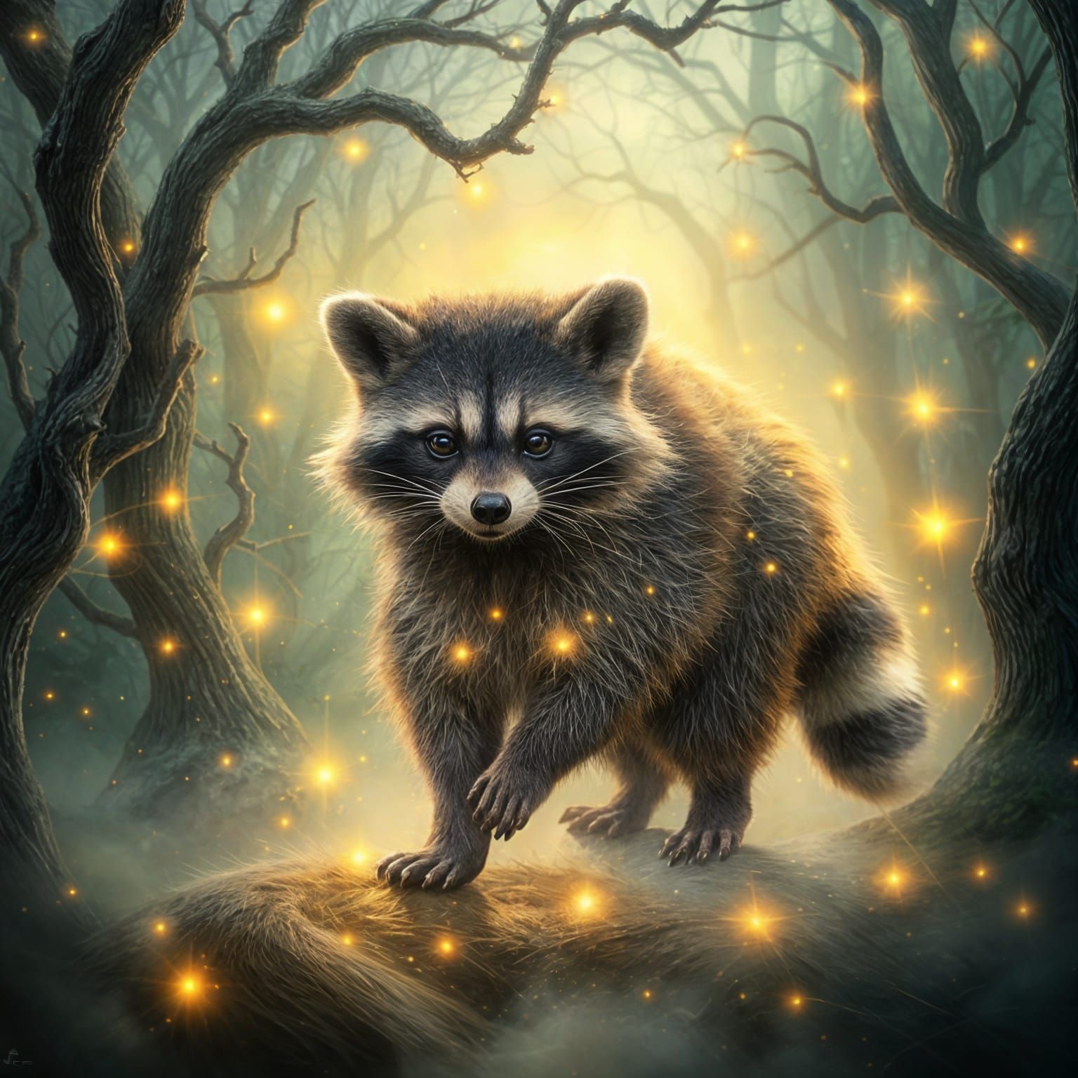 Ethereal Raccoon in Whimsical, Dreamy Forest Landscape