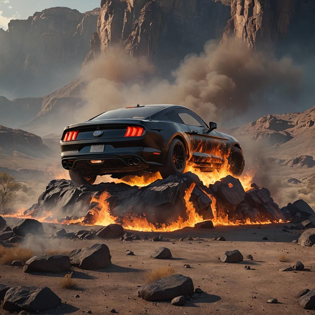 Flaming Mustang in Apocalyptic Landscape: 8K Art
