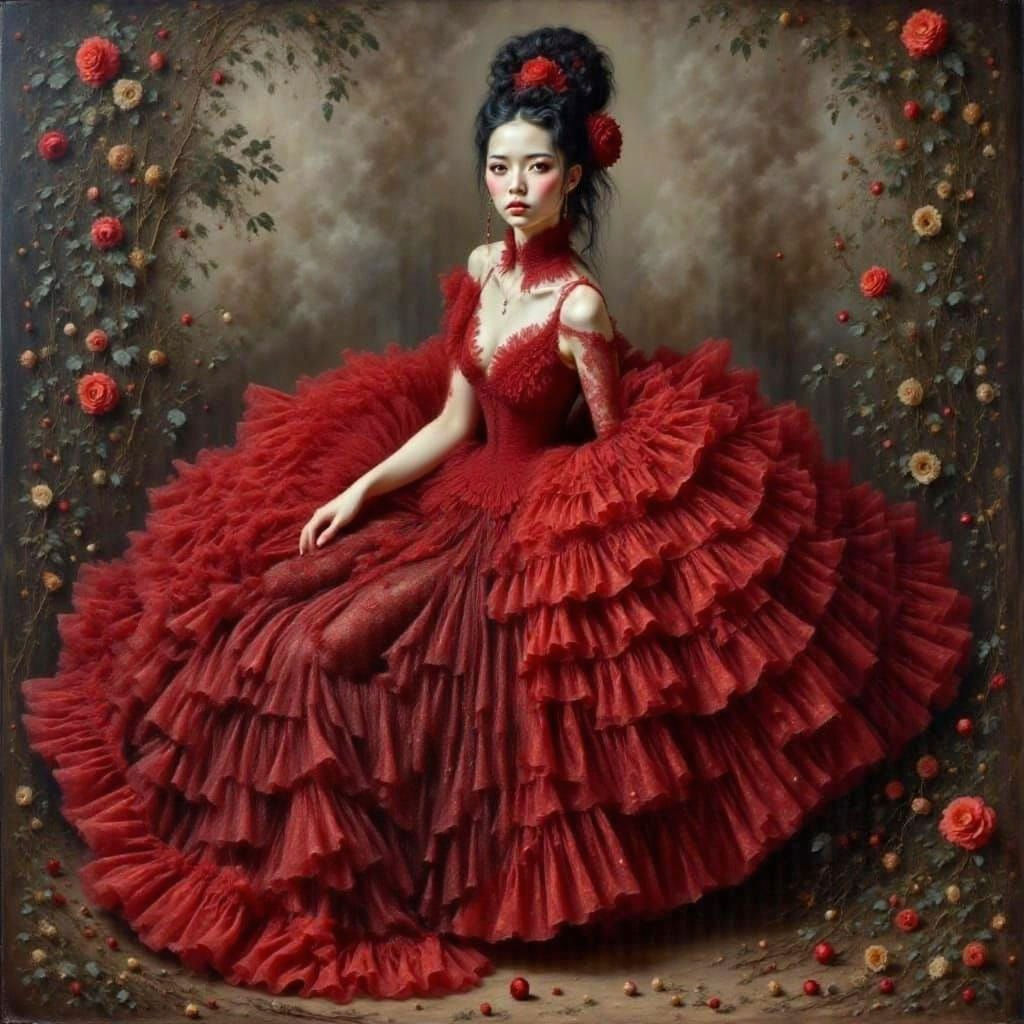 Renaissance Painting of Woman in Ruffle Lace Gown