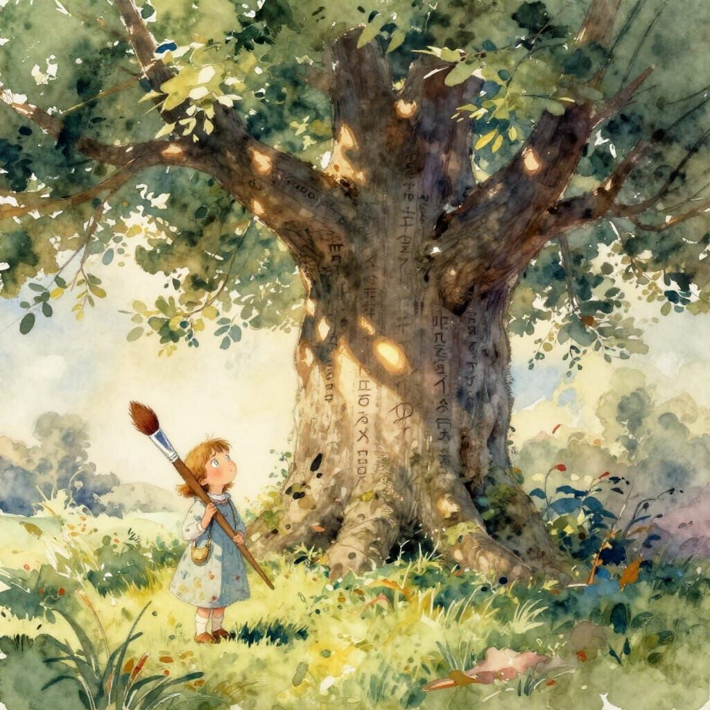Child and Ancient Tree in Impressionistic Watercolor Style