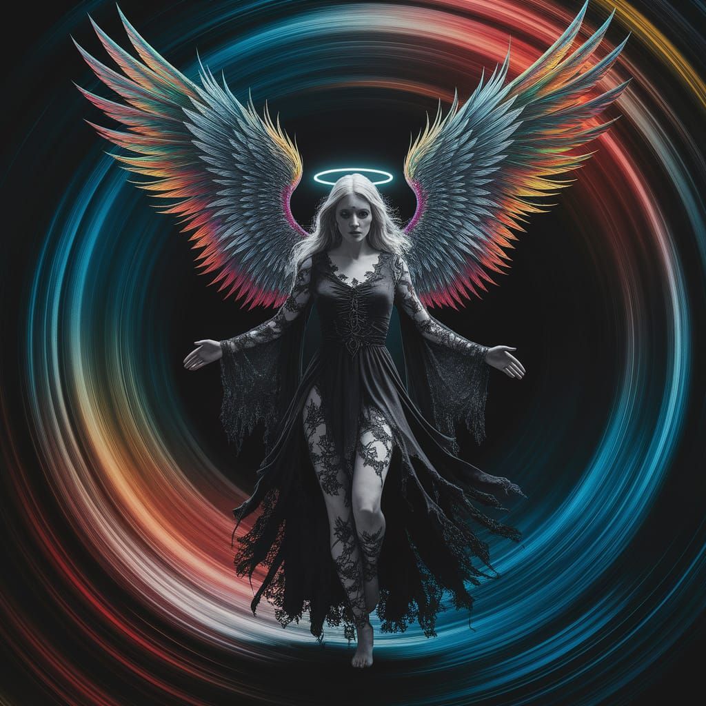 An ethereal personification of the Angel of Death, swathed in tattered black robes with intricate lace details, posing d...