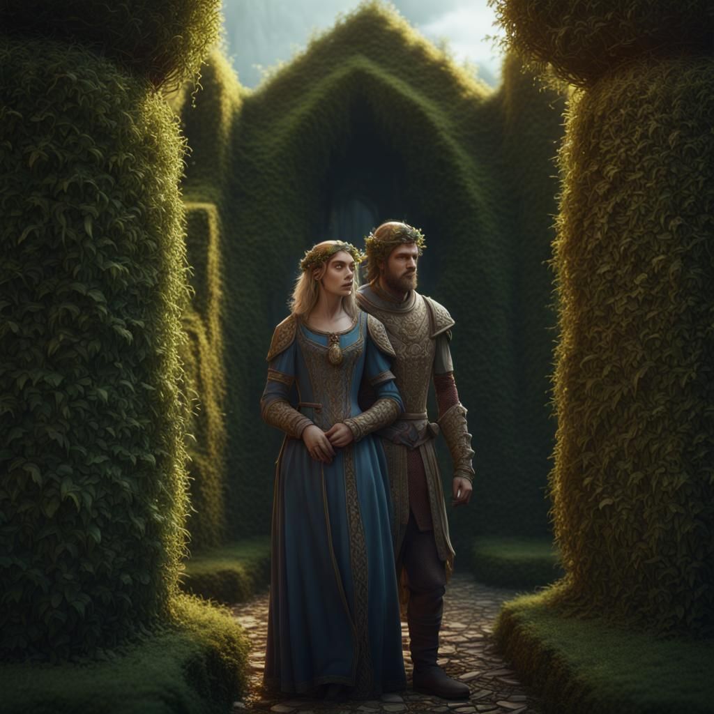 Medieval Couple Lost in Hedge Maze: Detailed Matte Painting