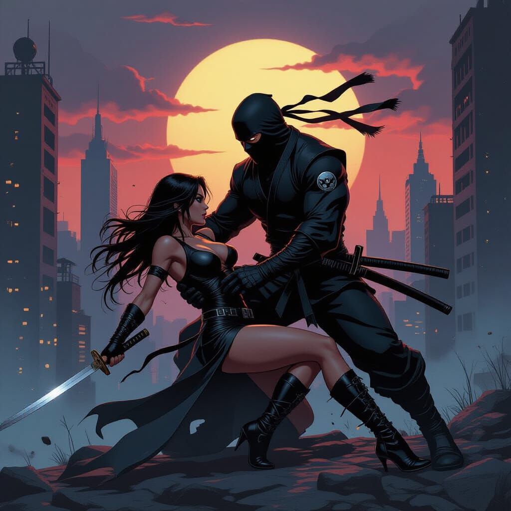 Ninja Rescue in Gritty Cityscape: Frazetta Style