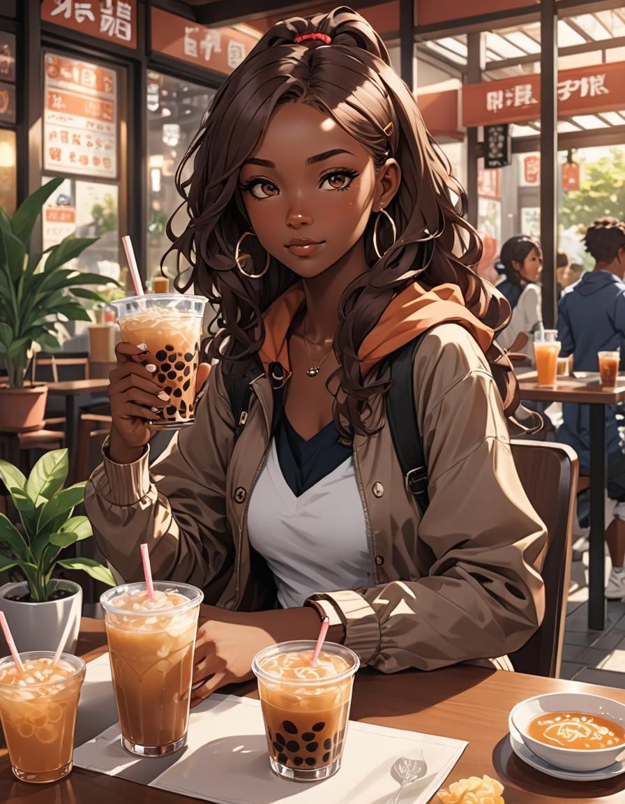Cute Girl Drinking Bubble Tea in Anime Style