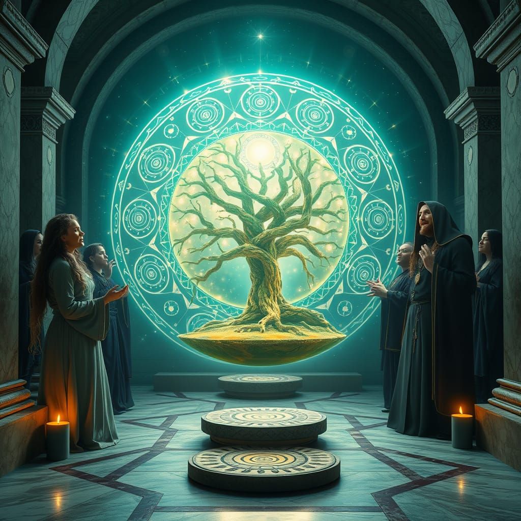 Luminous Water Sphere with Druid and Monk
