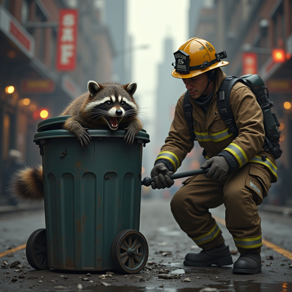 Raccoon Rescue: Hyperrealistic Firefighter Scene in Cityscap...