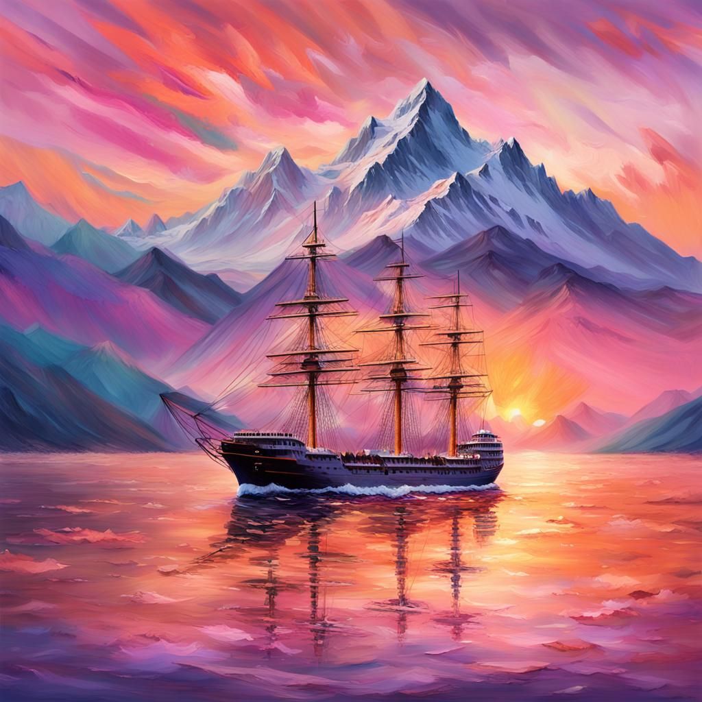 Ship Sails Ocean Mountains at Sunset as Digital Art