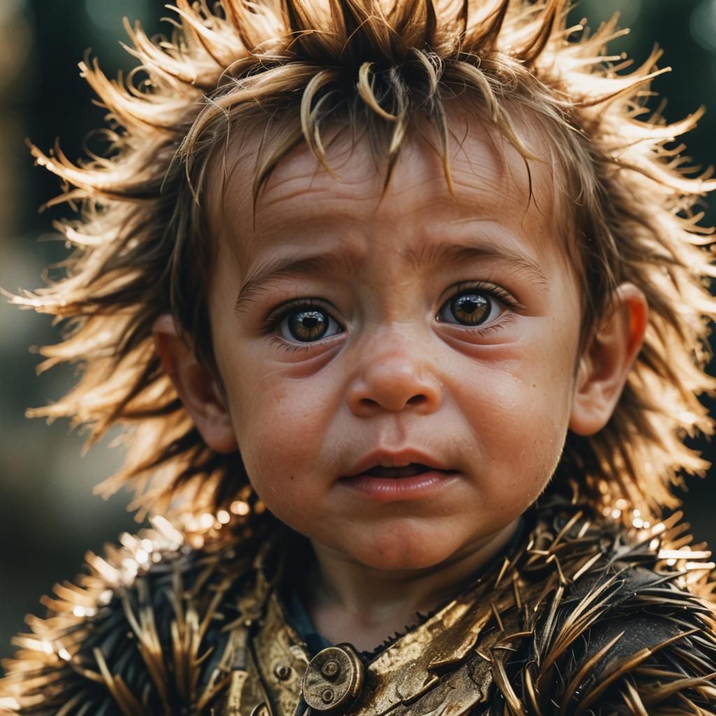 Monkey-Faced Baby with Spiky Hair in Cinematic Lighting