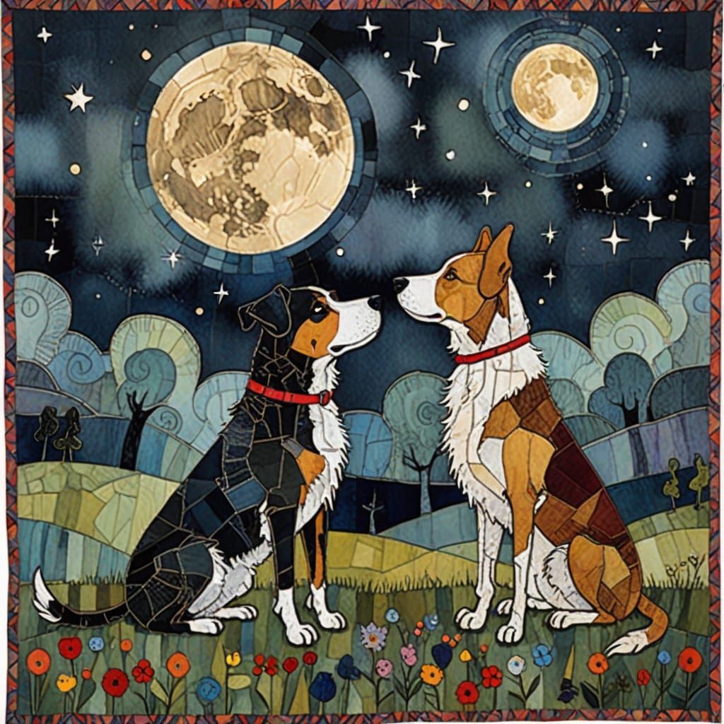 Enchanting Dogs on a Whimsical Quilt Under Moonlight
