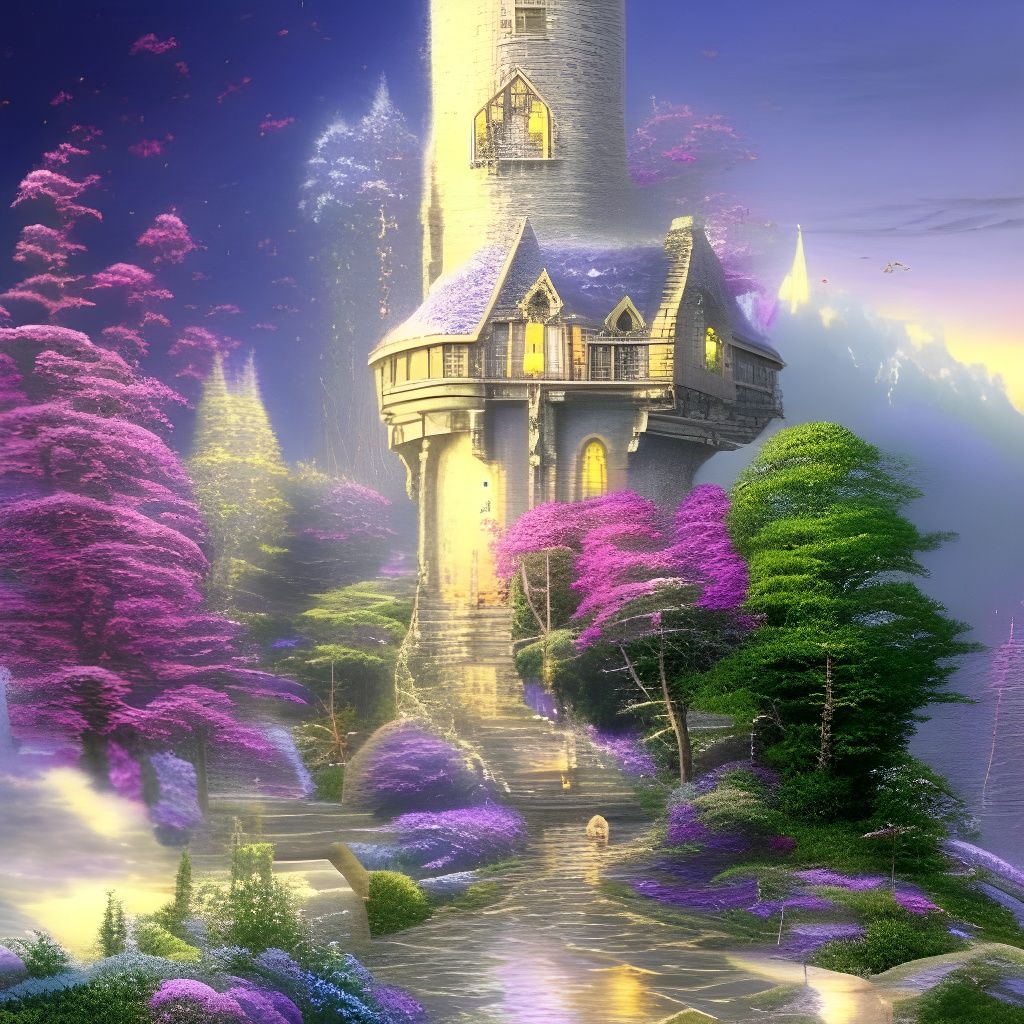 Ethereal Crystal Wizard Tower in Fantasy Landscape