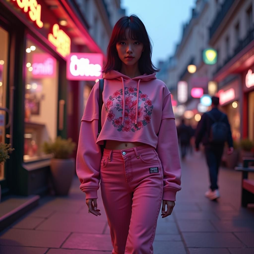 Korean Girl in Neon Parisian Streetscape, Matte Painting