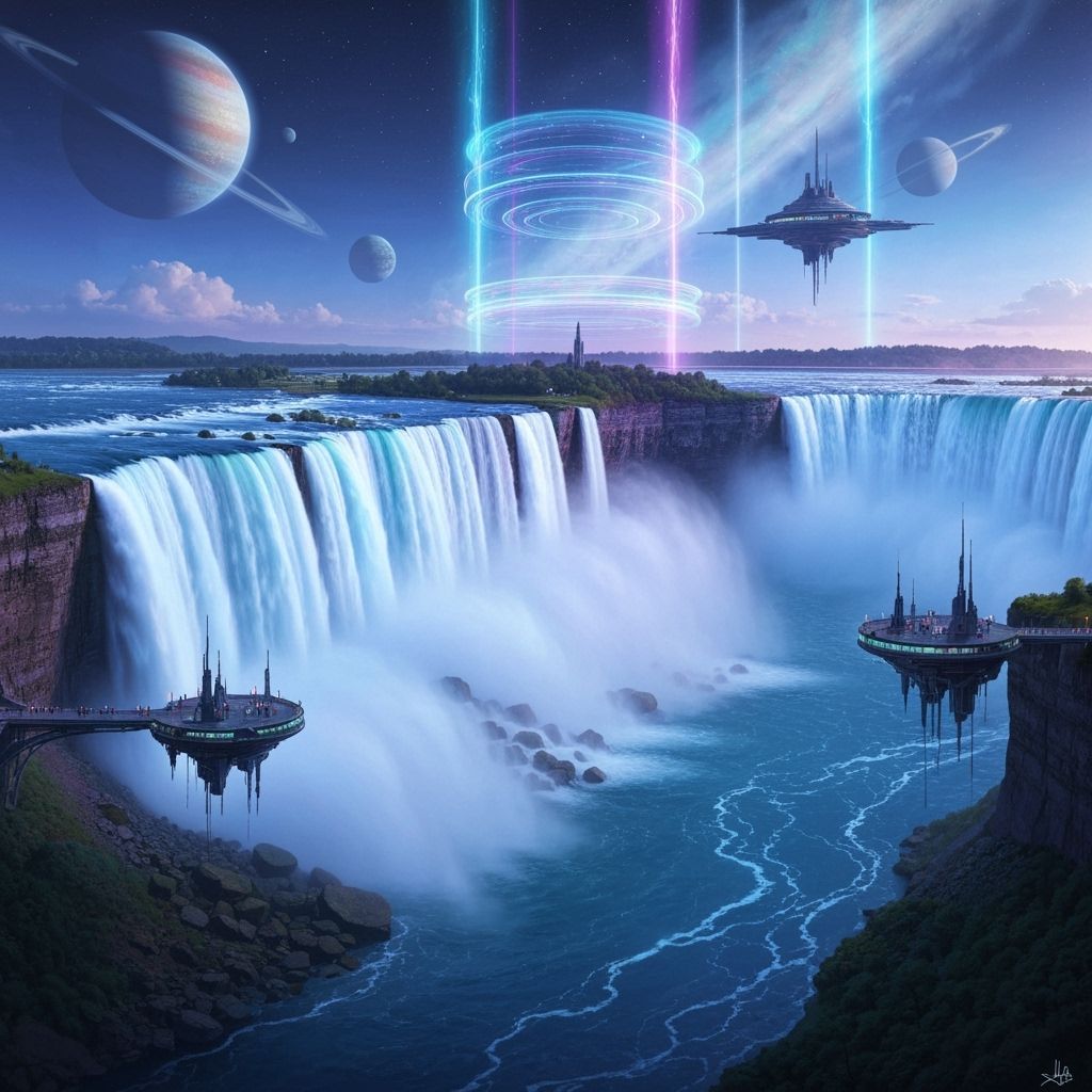 Futuristic Niagara Falls with Neon Lights and Holograms