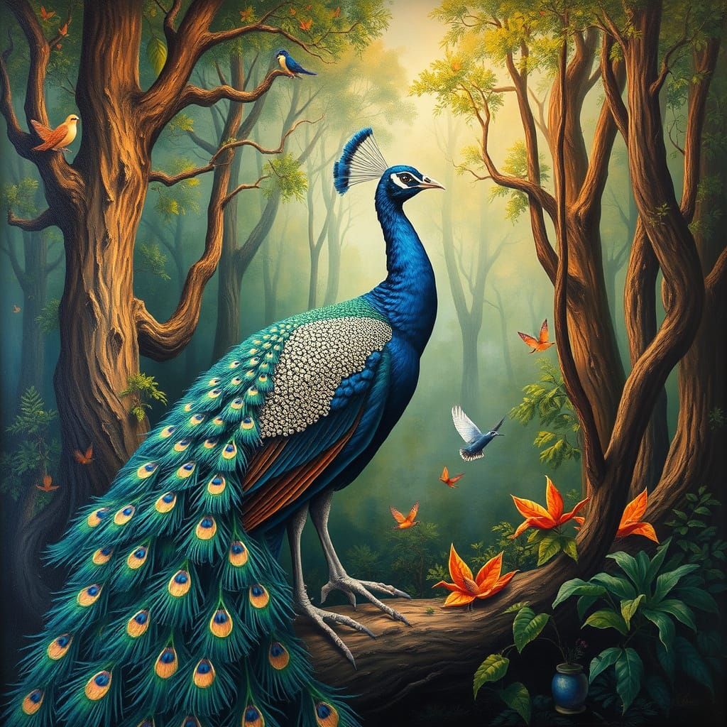 Peacock in a Futuristic Fantasy Forest