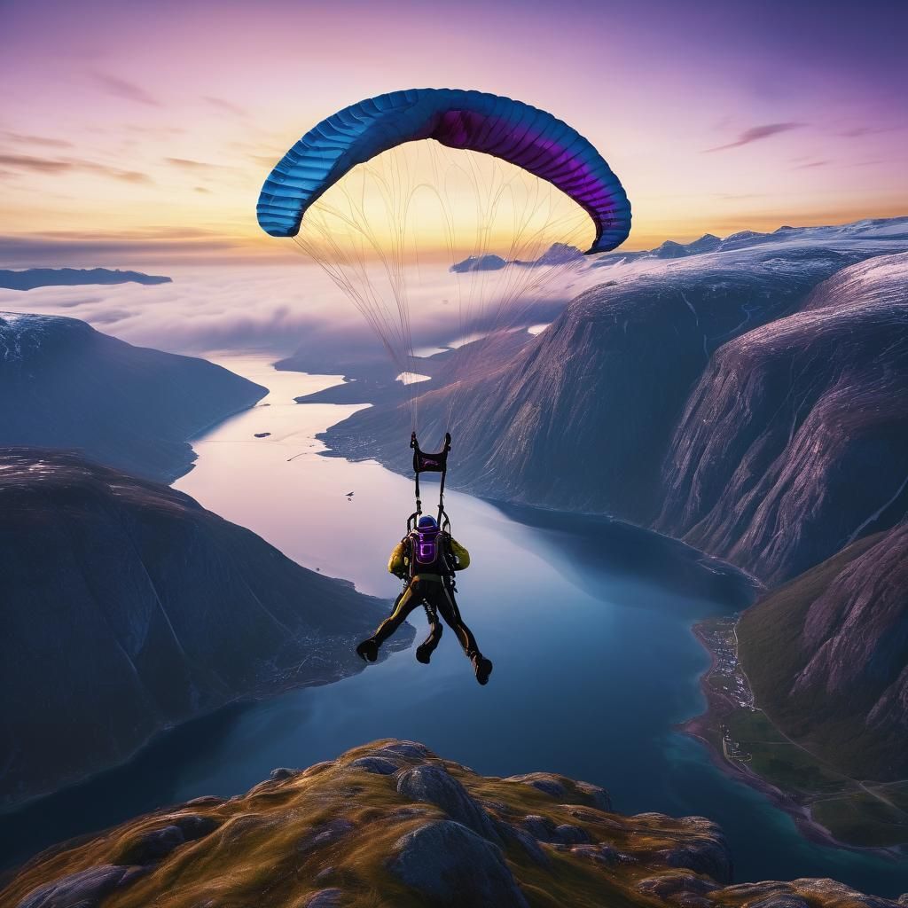 Surreal Skydiver Over Norway Coastline at Sunset