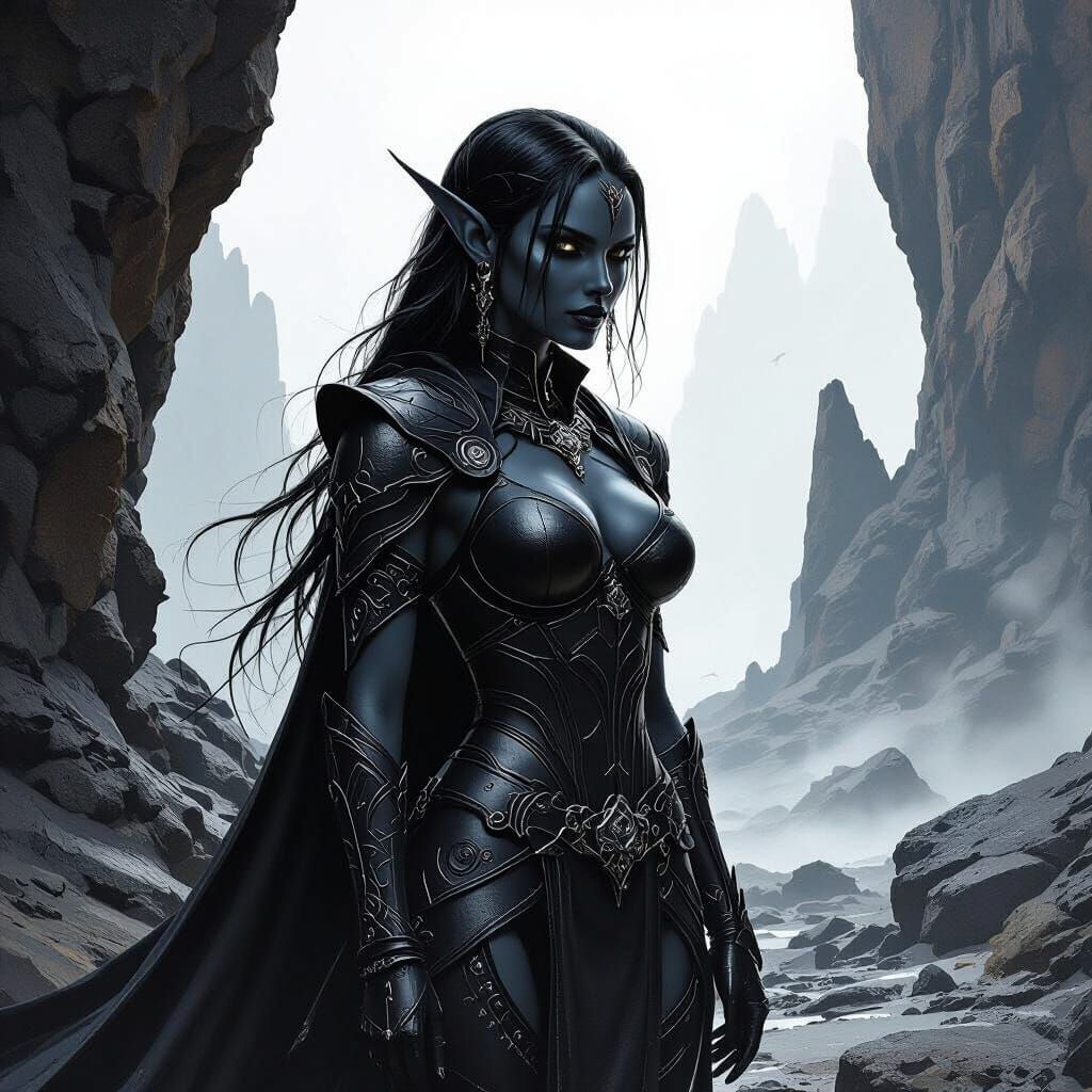 Dark Elf Woman in Dramatic Landscape