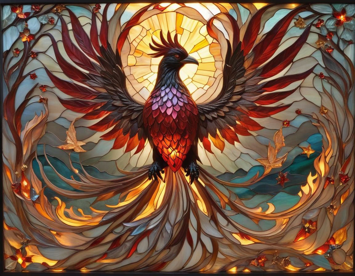 Fiery Phoenix Silhouette in Mixed Media Relief Carving