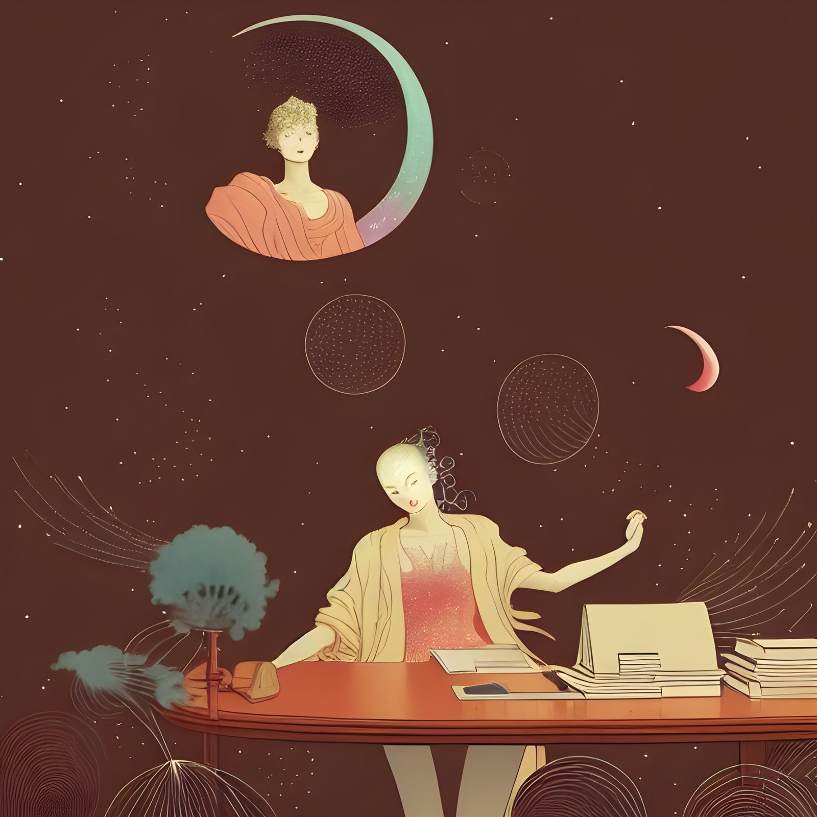 Daydreaming Woman with Celestial Particles