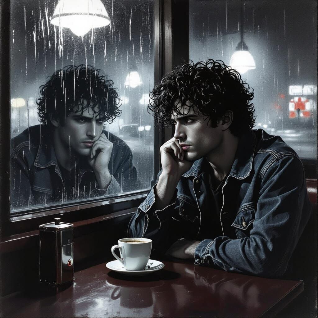 Man in Midnight Diner Reflection, Realistic Drawing