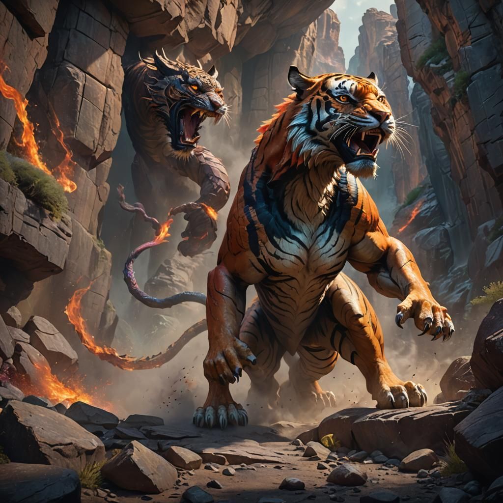Tiger Versus Dragon in Dark Canyon, Fantasy Art