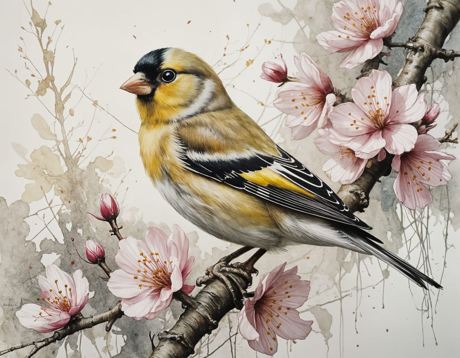 Whimsical Goldfinch Amidst Vibrant Sakura